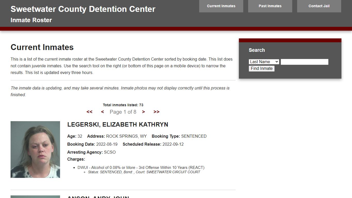 Jail Roster - Sweetwater Combined Communications Joint Powers Board